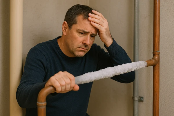 A wooried plumber looking at a frozen pipe from TMK Plumber Austin in Bastrop, TX - Bastrop TX A wooried plumber looking at a frozen pipe from TMK Plumber Austin in Bastrop, TX - Bastrop TX