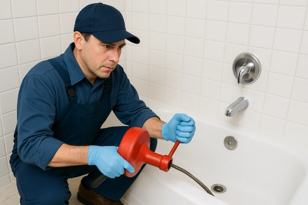 A plumber running a snake to clear a bathtub drain from TMK Plumber Austin in Bastrop, TX - Bastrop TX A plumber running a snake to clear a bathtub drain from TMK Plumber Austin in Bastrop, TX - Bastrop TX