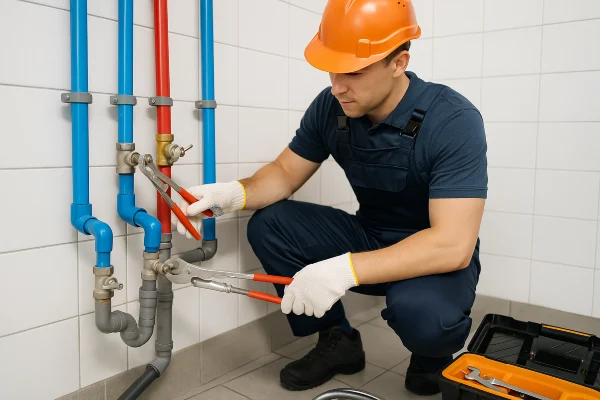 A plumber working on commercial pipe connections from TMK Plumber Austin in Bastrop, TX - Bastrop TX A plumber working on commercial pipe connections from TMK Plumber Austin in Bastrop, TX - Bastrop TX