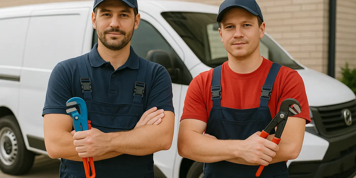 2 male plumbers looking at the camera from TMK Plumber Austin in Bee Cave, TX - Bee Cave TX 2 male plumbers looking at the camera from TMK Plumber Austin in Bee Cave, TX - Bee Cave TX