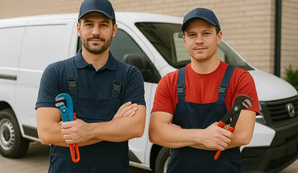 2 male plumbers looking at the camera from TMK Plumber Austin in Bee Cave, TX - Bee Cave TX