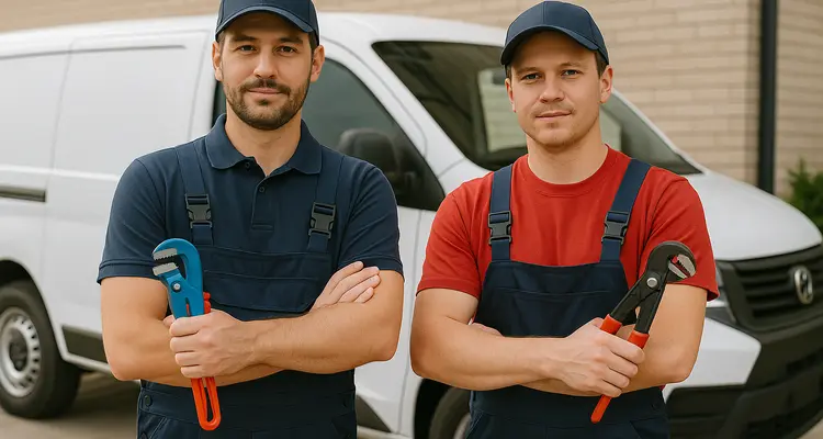 2 male plumbers looking at the camera from TMK Plumber Austin in Bee Cave, TX - Bee Cave TX