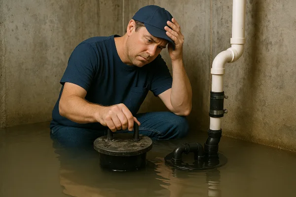 A worried plumber in a flooded room from TMK Plumber Austin in Bee Cave, TX - Bee Cave TX A worried plumber in a flooded room from TMK Plumber Austin in Bee Cave, TX - Bee Cave TX