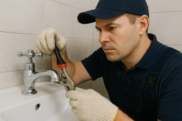 A plumbing technician using a tool to fix a water faucet from TMK Plumber Austin in Bee Cave, TX - Bee Cave TX A plumbing technician using a tool to fix a water faucet from TMK Plumber Austin in Bee Cave, TX - Bee Cave TX