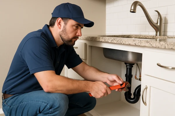 A male plumber checking a kitchen sink pipe connection from TMK Plumber Austin in Bee Cave, TX - Bee Cave TX A male plumber checking a kitchen sink pipe connection from TMK Plumber Austin in Bee Cave, TX - Bee Cave TX