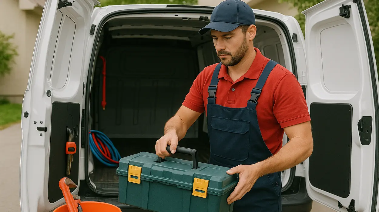 A plumbing technician putting his tool box back in his van from TMK Plumber Austin in Cedar Park, TX - Cedar Park TX