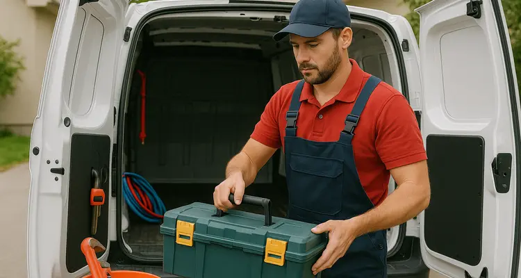 A plumbing technician putting his tool box back in his van from TMK Plumber Austin in Cedar Park, TX - Cedar Park TX