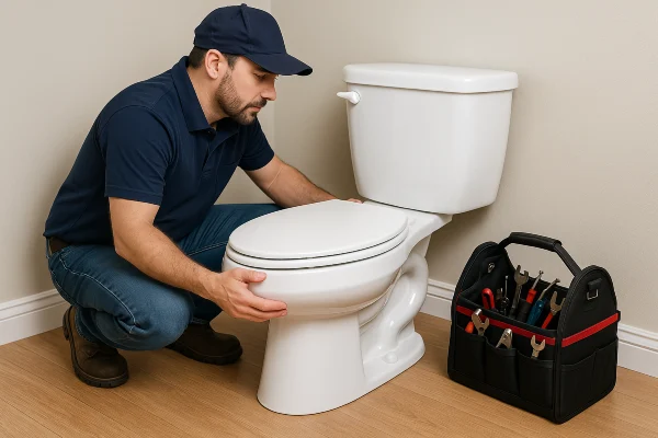 A plumber checking a toilet from TMK Plumber Austin in Cedar Park, TX - Cedar Park TX A plumber checking a toilet from TMK Plumber Austin in Cedar Park, TX - Cedar Park TX