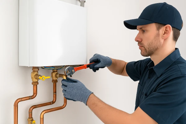 A plumber working on a tankless water heater from TMK Plumber Austin in Cedar Park, TX - Cedar Park TX A plumber working on a tankless water heater from TMK Plumber Austin in Cedar Park, TX - Cedar Park TX