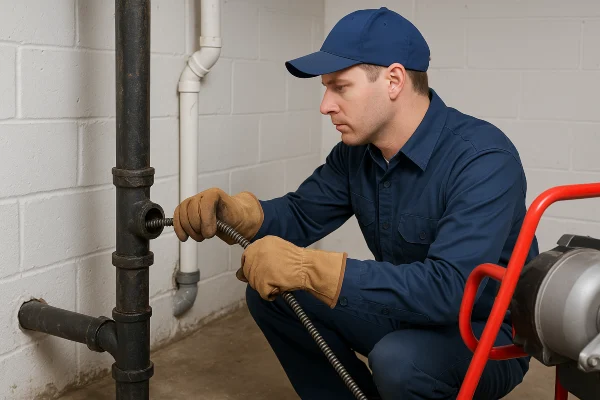 A plumber using a snake to clear a plumbing pipe from TMK Plumber Austin in Cedar Park, TX - Cedar Park TX A plumber using a snake to clear a plumbing pipe from TMK Plumber Austin in Cedar Park, TX - Cedar Park TX