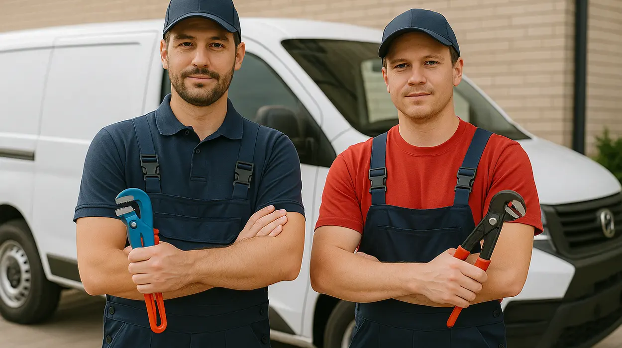 2 male plumbers looking at the camera from TMK Plumber Austin in Austin, TX - Clogged toilet solutions
