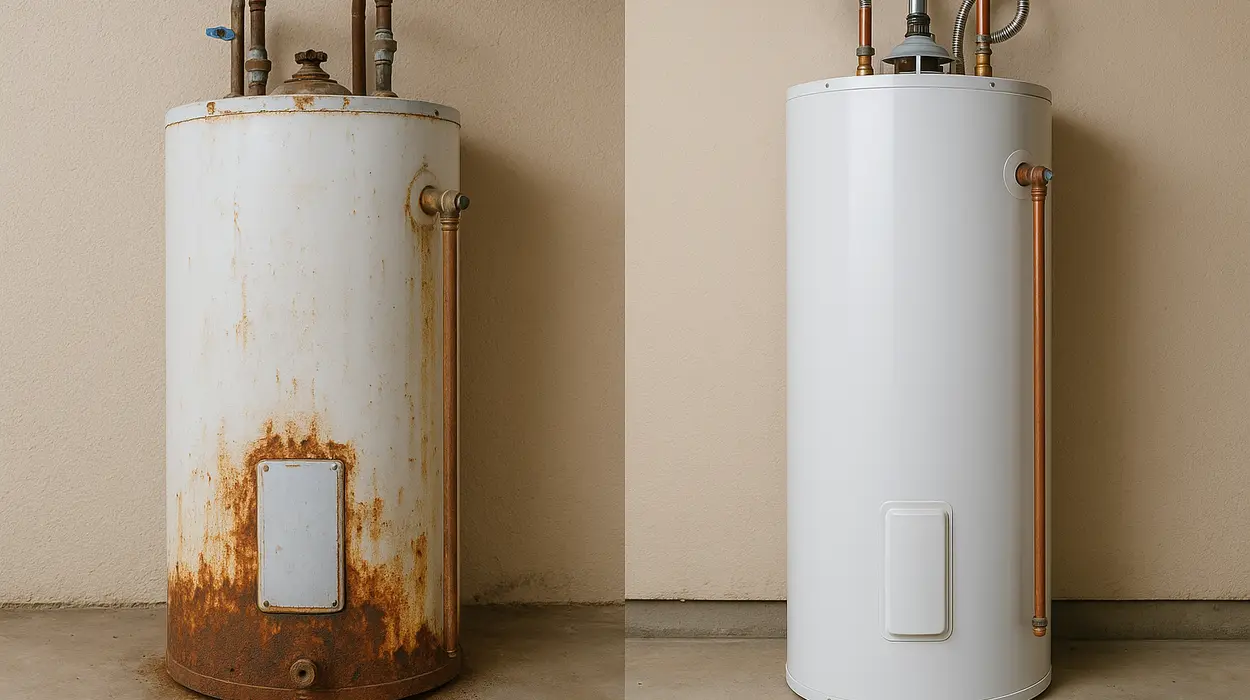 One rusted water heater next to a brand new water heater from TMK Plumber Austin in Austin, TX - Emergency Plumbing Services