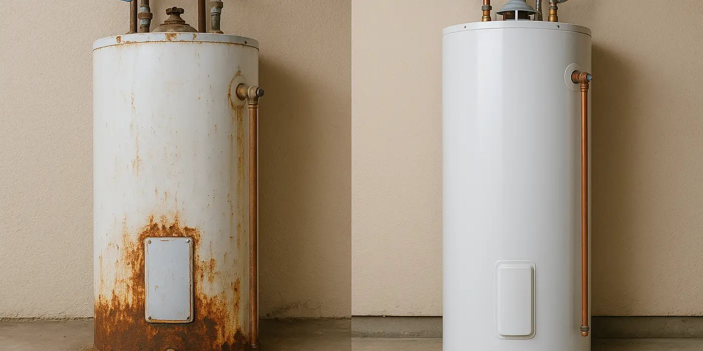 One rusted water heater next to a brand new water heater from TMK Plumber Austin in Austin, TX - Emergency Plumbing Services One rusted water heater next to a brand new water heater from TMK Plumber Austin in Austin, TX - Emergency Plumbing Services