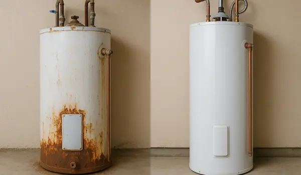 One rusted water heater next to a brand new water heater from TMK Plumber Austin in Austin, TX - Emergency Plumbing Services