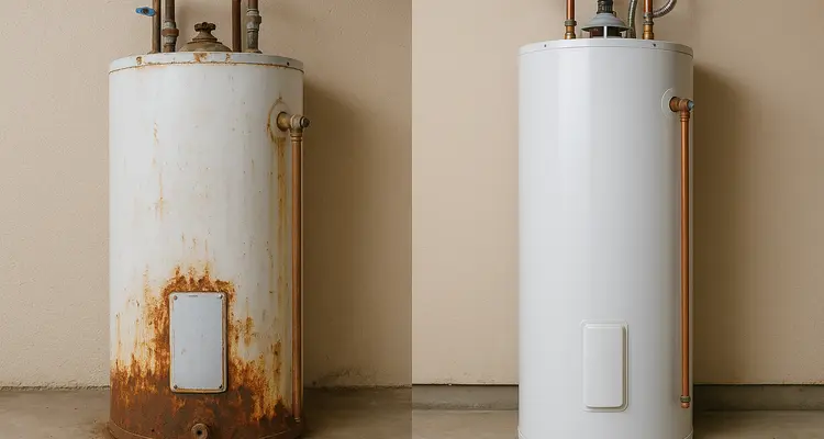 One rusted water heater next to a brand new water heater from TMK Plumber Austin in Austin, TX - Emergency Plumbing Services