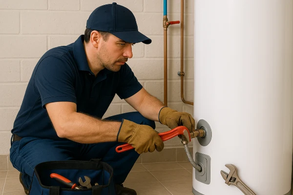 A male plumber working on a water heater connection from TMK Plumber Austin in Austin, TX - Emergency Plumbing Services A male plumber working on a water heater connection from TMK Plumber Austin in Austin, TX - Emergency Plumbing Services