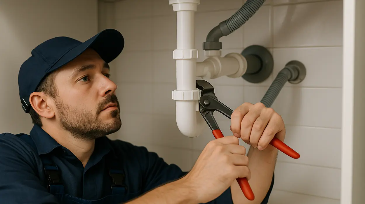 A male plumbing technician tightening a sink pipe from TMK Plumber Austin in Austin, TX - Faucet Replacement