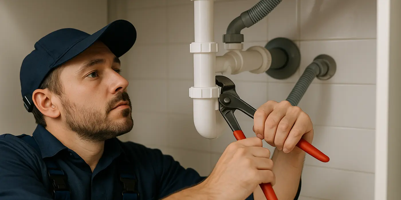 A male plumbing technician tightening a sink pipe from TMK Plumber Austin in Austin, TX - Faucet Replacement A male plumbing technician tightening a sink pipe from TMK Plumber Austin in Austin, TX - Faucet Replacement