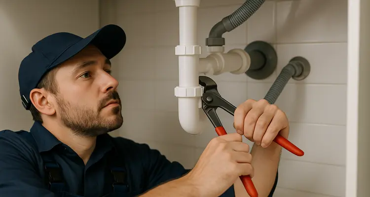 A male plumbing technician tightening a sink pipe from TMK Plumber Austin in Austin, TX - Faucet Replacement
