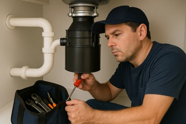 A male plumbing technician fixing a garbage disposal from TMK Plumber Austin in Austin, TX - Faucet Replacement A male plumbing technician fixing a garbage disposal from TMK Plumber Austin in Austin, TX - Faucet Replacement