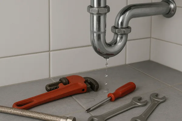 A sink water leak and plumbing tools on the floor from TMK Plumber Austin in Austin, TX - Hidrojet services A sink water leak and plumbing tools on the floor from TMK Plumber Austin in Austin, TX - Hidrojet services
