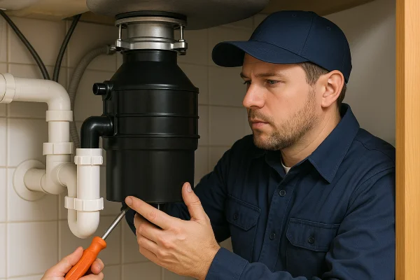 A technician working on a garbage disposal from TMK Plumber Austin in Kyle, TX - Kyle TX A technician working on a garbage disposal from TMK Plumber Austin in Kyle, TX - Kyle TX