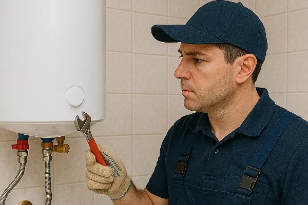 A male plumber working on a water heater hanging from the wall from TMK Plumber Austin in Leander, TX - Leander TX A male plumber working on a water heater hanging from the wall from TMK Plumber Austin in Leander, TX - Leander TX