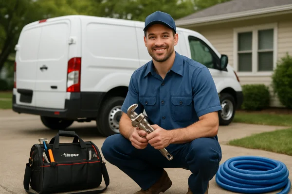 A male plumber smiling and posing to the camera from TMK Plumber Austin in Leander, TX - Leander TX A male plumber smiling and posing to the camera from TMK Plumber Austin in Leander, TX - Leander TX