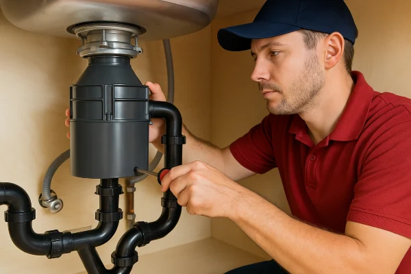 A male plumber with a screwdriver fixing a garbage diposal from TMK Plumber Austin in Leander, TX - Leander TX A male plumber with a screwdriver fixing a garbage diposal from TMK Plumber Austin in Leander, TX - Leander TX