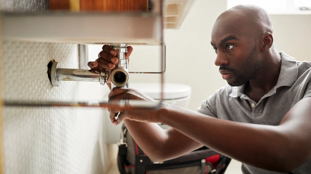 a male plumber fixing a pipe connection from TMK Plumber Austin in Austin, TX Plumber near me