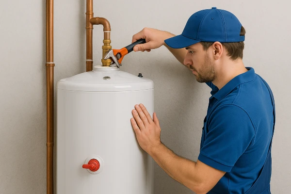 a male plumber installing a garbage disposal from TMK Plumber Austin in Austin, TX - Sewer backup solutions a male plumber installing a garbage disposal from TMK Plumber Austin in Austin, TX - Sewer backup solutions