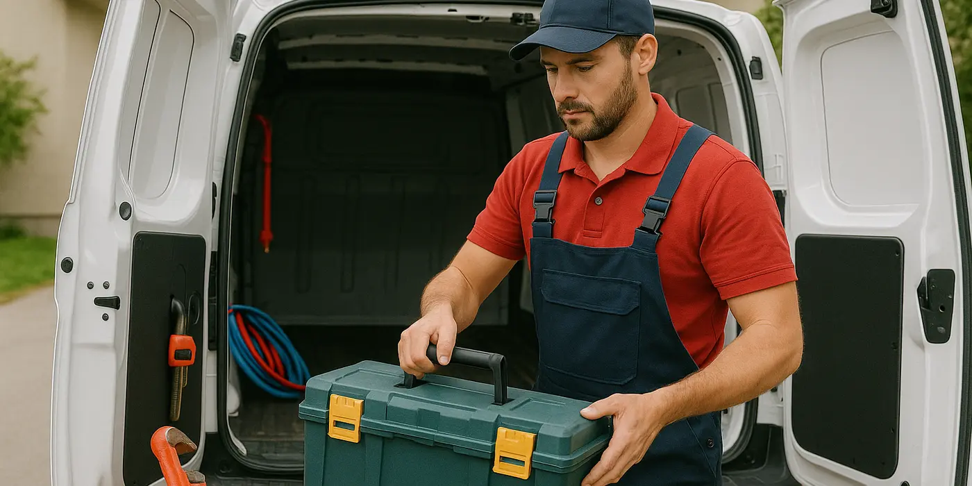 A plumbing technician putting his tool box back in his van from TMK Plumber Austin in Austin, TX - Sewer Line Clean up A plumbing technician putting his tool box back in his van from TMK Plumber Austin in Austin, TX - Sewer Line Clean up