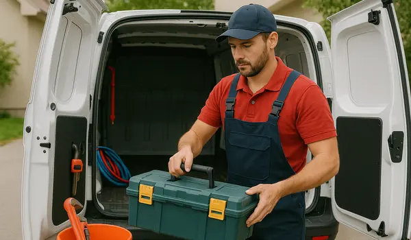 A plumbing technician putting his tool box back in his van from TMK Plumber Austin in Austin, TX - Sewer Line Clean up