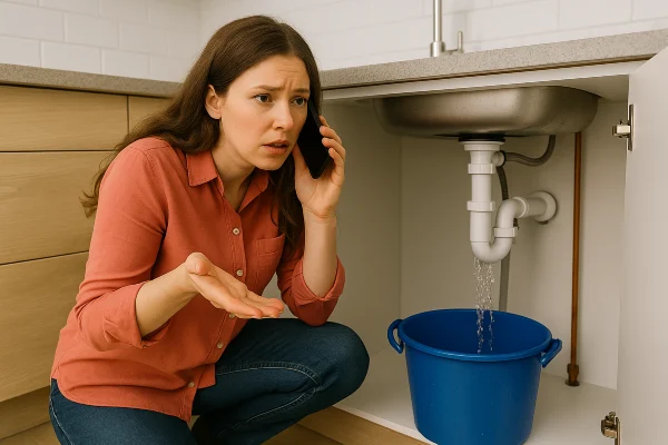 A woman on the phone with a water leak problem underneath the kitchen sink from TMK Plumber Austin in Austin, TX - Sewer Line Clean up A woman on the phone with a water leak problem underneath the kitchen sink from TMK Plumber Austin in Austin, TX - Sewer Line Clean up