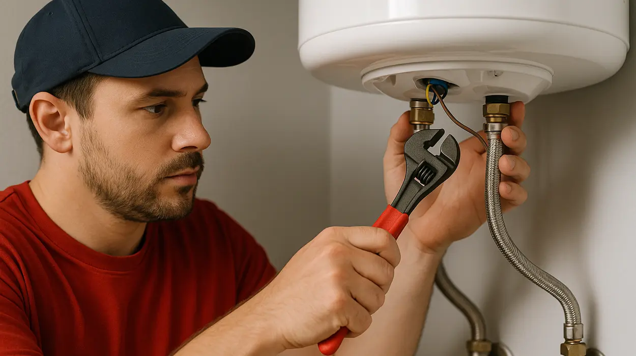 A male plumbing technician tightening a water heater connection from TMK Plumber Austin in Austin, TX - Toilet Replacement