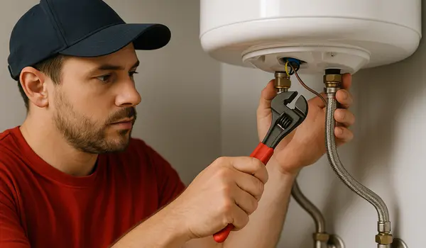 A male plumbing technician tightening a water heater connection from TMK Plumber Austin in Austin, TX - Toilet Replacement