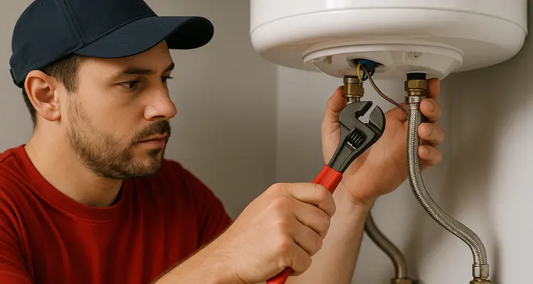 A male plumbing technician tightening a water heater connection from TMK Plumber Austin in Austin, TX - Toilet Replacement
