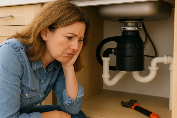 A sad woman looking a broken garbage disposal from TMK Plumber Austin in Austin, TX - Toilet Replacement A sad woman looking a broken garbage disposal from TMK Plumber Austin in Austin, TX - Toilet Replacement