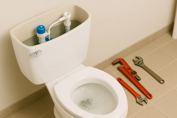 A toilet with some plumbing tools laying next to it on the floor from TMK Plumber Austin in Austin, TX - Toilet Replacement A toilet with some plumbing tools laying next to it on the floor from TMK Plumber Austin in Austin, TX - Toilet Replacement