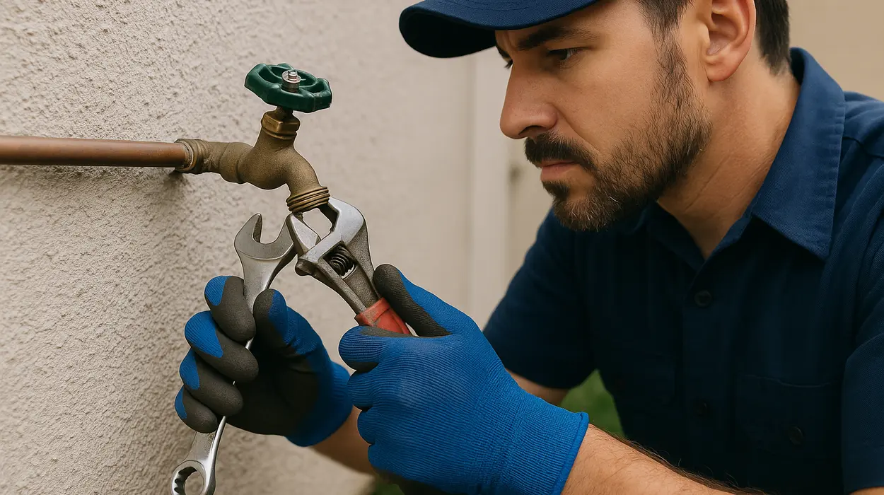 A male plumber fixing an outdoor faucet from TMK Plumber Austin in Austin, TX - Water leak detection and repair