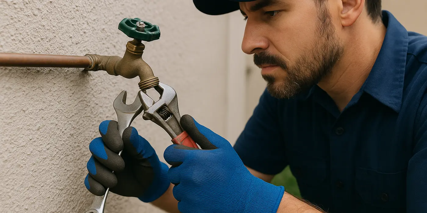 A male plumber fixing an outdoor faucet from TMK Plumber Austin in Austin, TX - Water leak detection and repair A male plumber fixing an outdoor faucet from TMK Plumber Austin in Austin, TX - Water leak detection and repair
