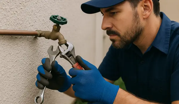 A male plumber fixing an outdoor faucet from TMK Plumber Austin in Austin, TX - Water leak detection and repair