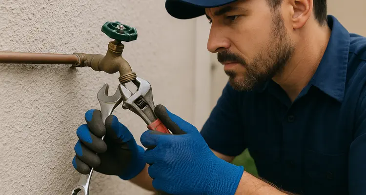 A male plumber fixing an outdoor faucet from TMK Plumber Austin in Austin, TX - Water leak detection and repair